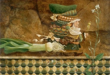 Fantasía popular Painting - Hombre tomando un puerro en una pared de azulejos para dar un paseo Fantasía